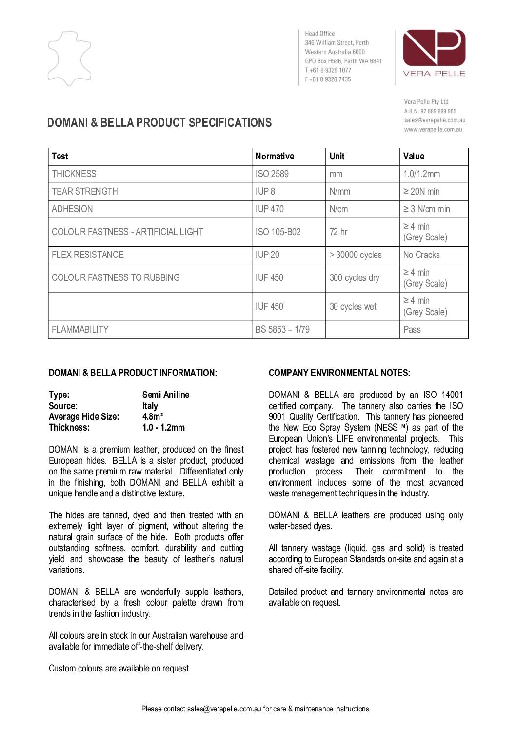 Bella Specification sheet<br/>( pdf )
