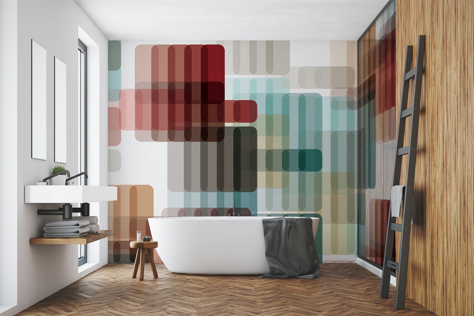 A render of Newmor's Koroni, a Leigh Bagley design, printed across a bathroom wall behind a freestanding bath