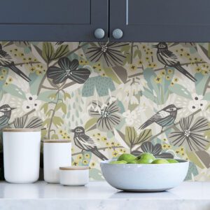 Grey Aqua Jaybird Peel and Stick Wallpaper