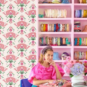 Bow Damask Pink Peel and Stick Wallpaper