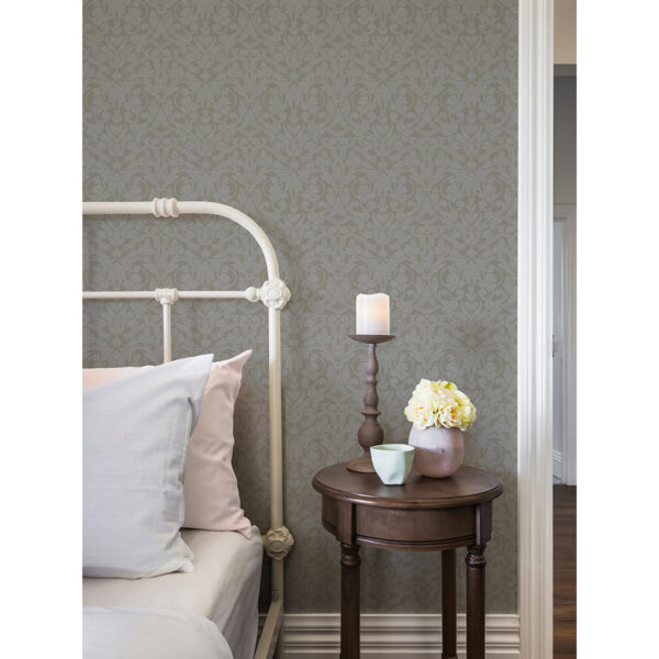 Rosali Grey Scroll Damask Wallpaper - Image 2
