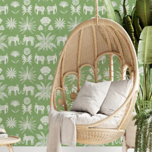 Bazaar Green Elephant Oasis Wallpaper