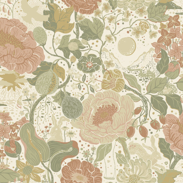 0064844 vaxa green rabbits rosehips wallpaper