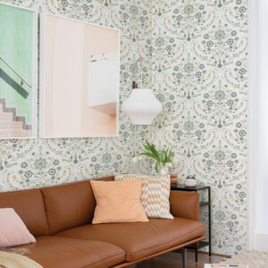 Britt Sea Green Embroidered Damask Wallpaper