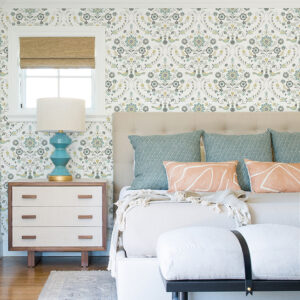 Britt Sea Green Embroidered Damask Wallpaper