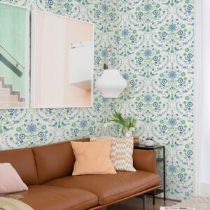 Britt Sapphire Embroidered Damask Wallpaper
