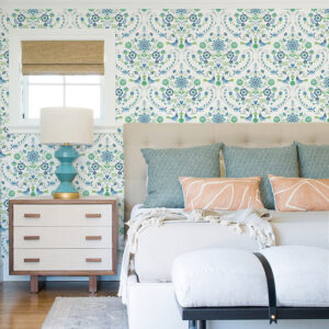 Britt Sapphire Embroidered Damask Wallpaper