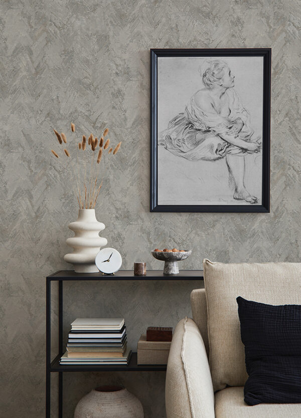 Amesemi Grey Distressed Herringbone Wallpaper - Image 2