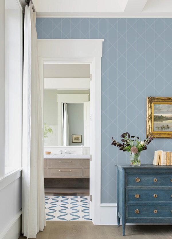 Walcott Light Blue Stitched Trellis Wallpaper - Image 2