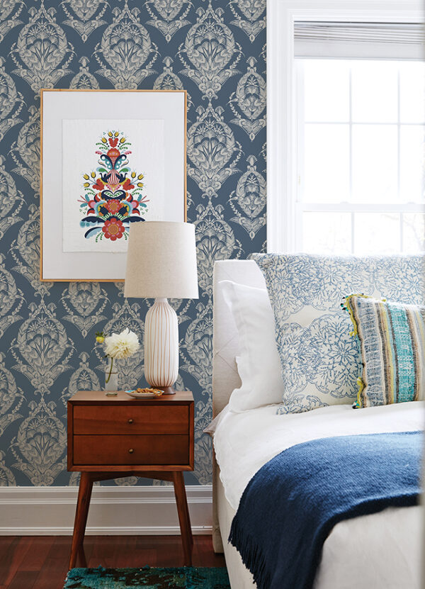 0086910 arlie indigo botanical damask wallpaper