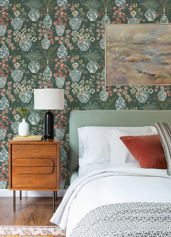 0087031 harper green floral vase wallpaper