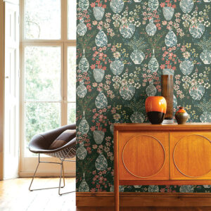 Harper Green Floral Vase Wallpaper