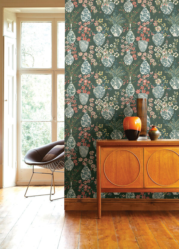 0087032 harper green floral vase wallpaper