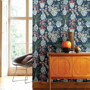 Harper Teal Floral Vase Wallpaper