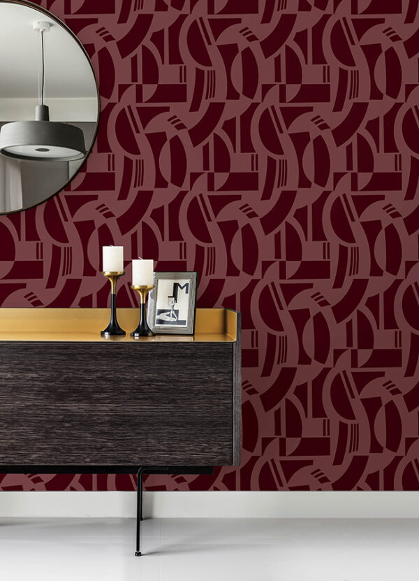 Carter Burgundy Geometric Flock Wallpaper by Scott Living - Image 4