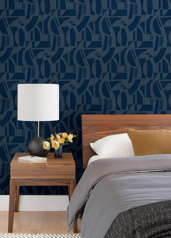 Carter Indigo Geometric Flock Wallpaper by Scott Living - Image 2