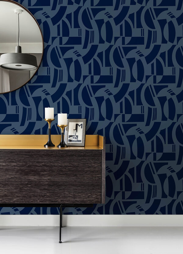 Carter Indigo Geometric Flock Wallpaper by Scott Living - Image 4