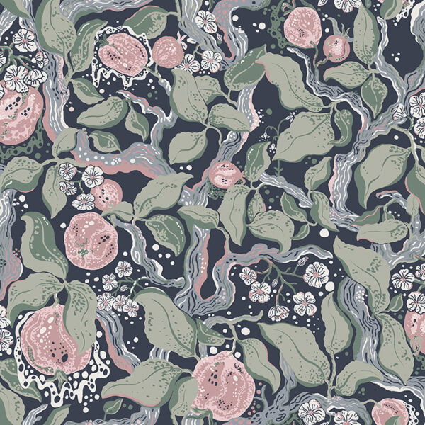 0089092 kort dark blue fruit and floral wallpaper
