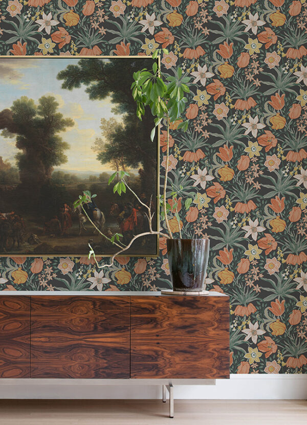 0089186 cecilia black tulip and daffodil wallpaper