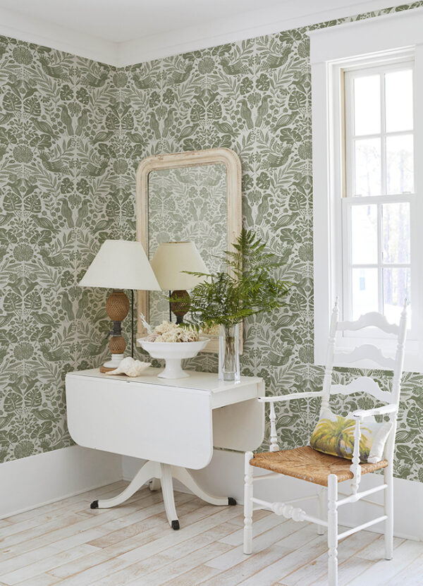 0089899 nestle green bird block print wallpaper
