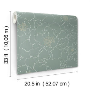 Gardena Sea Green Embroidered Floral Wallpaper