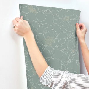 Gardena Sea Green Embroidered Floral Wallpaper
