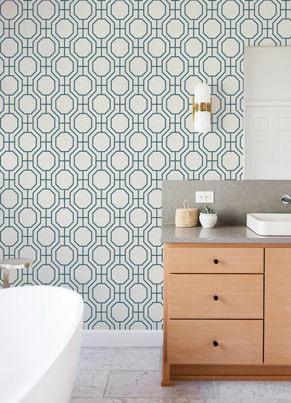 0090114 manor blue geometric trellis wallpaper