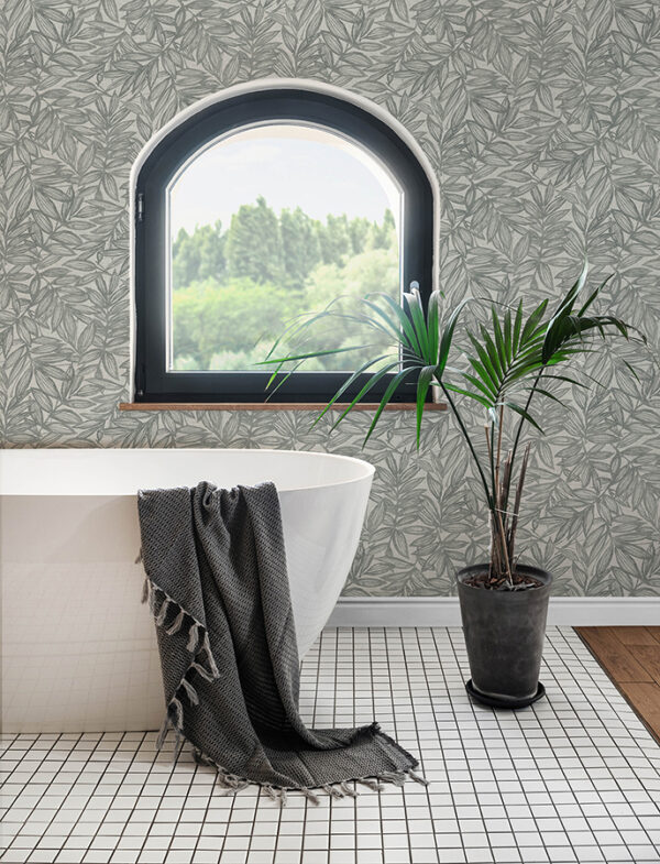 0093369 rhythmic grey leaf wallpaper