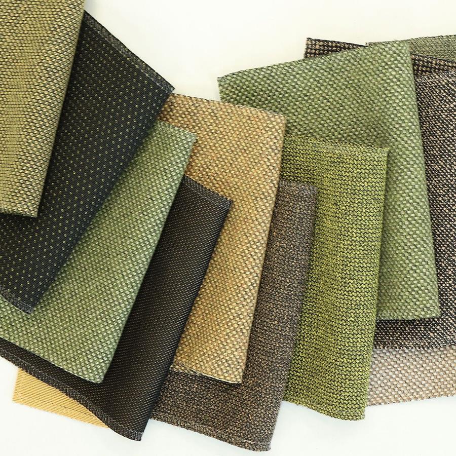 Stack of Gabriel fabric samples in olive, moss and sage