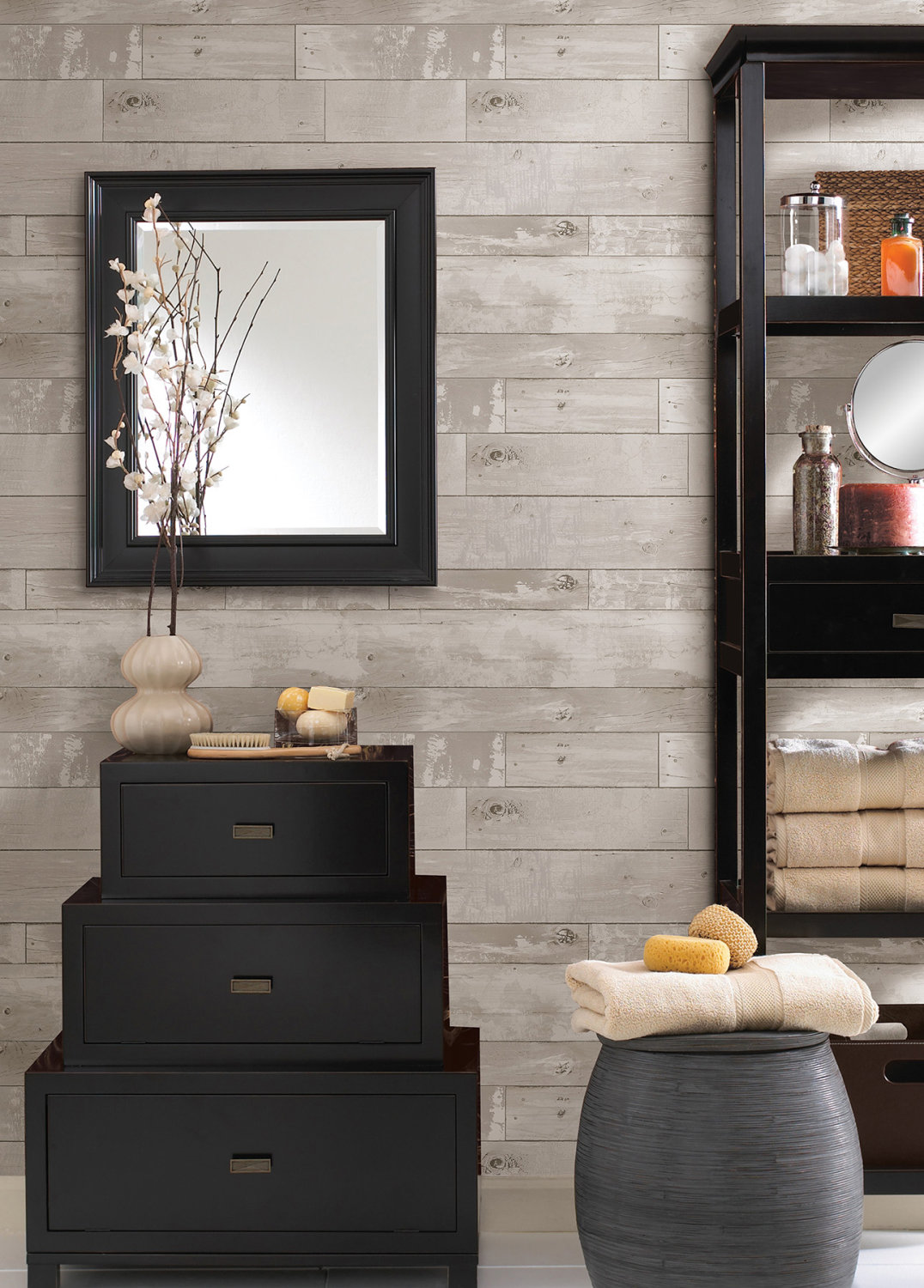 Harboured Light Grey Distressed Wood Panel Wallpaper