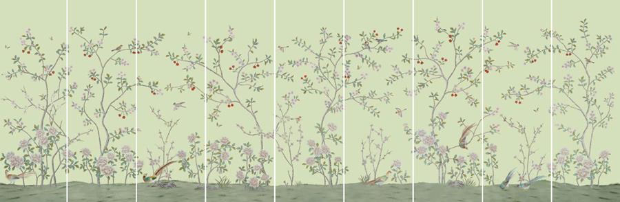 Chinese Garden with Pheasants: nine hand-painted silk panels on Mist Green