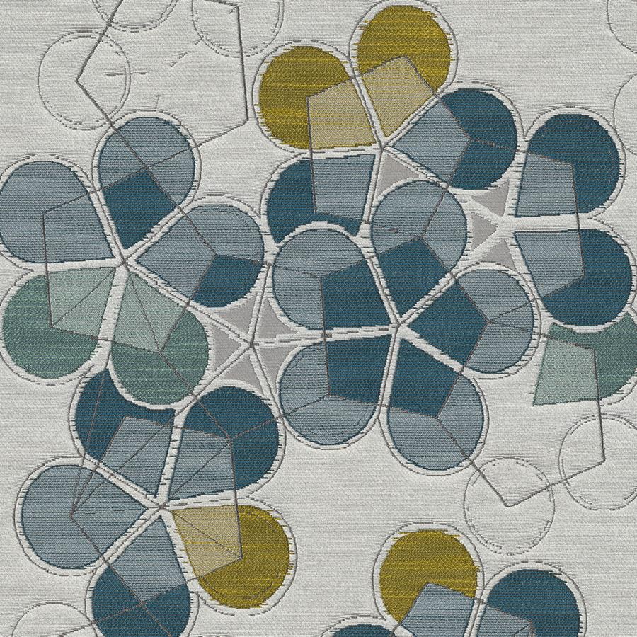 Pentimento: woven pentagon floral pattern in blue, green and gold
