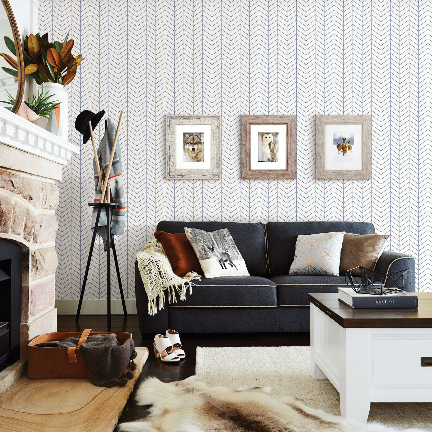 Bison Blue Herringbone Wallpaper