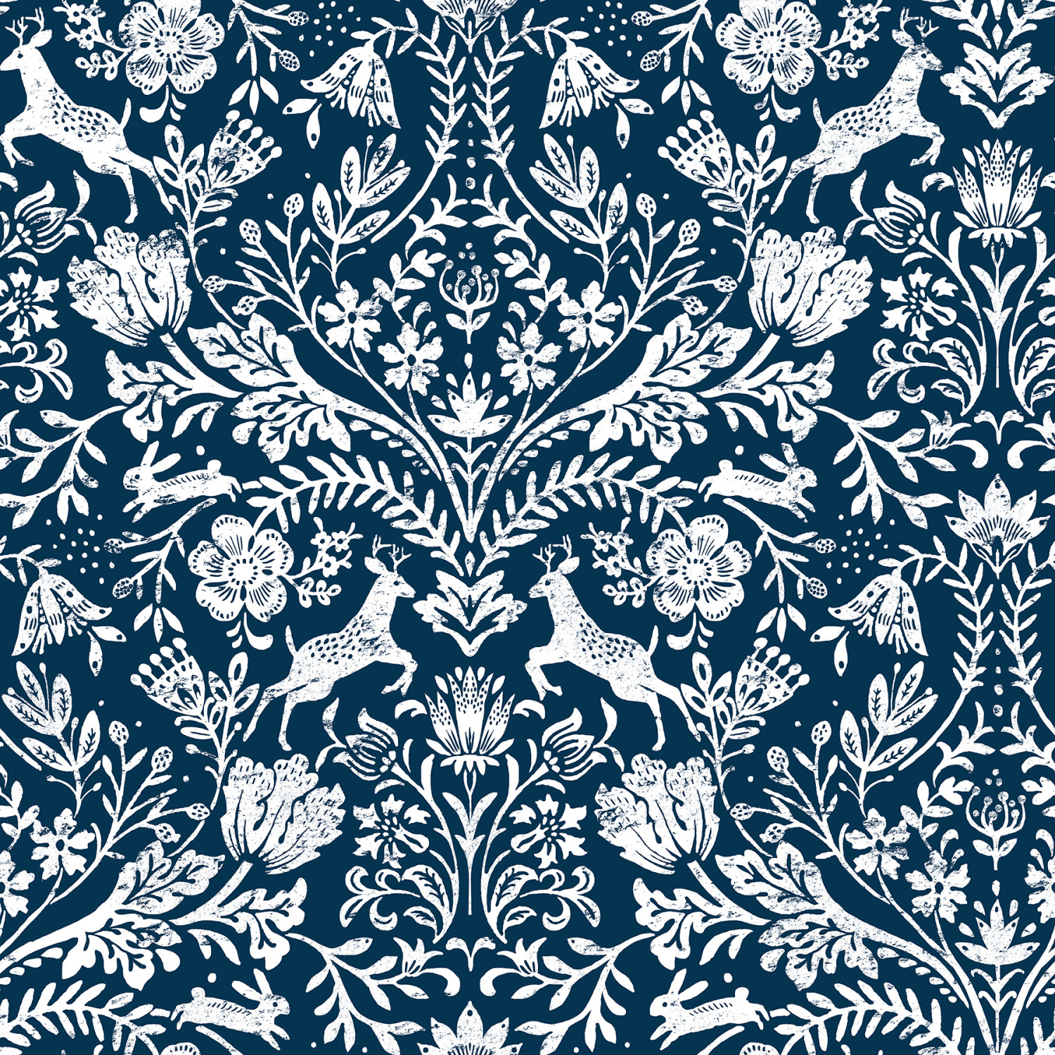Forest Dance Navy Damask Wallpaper