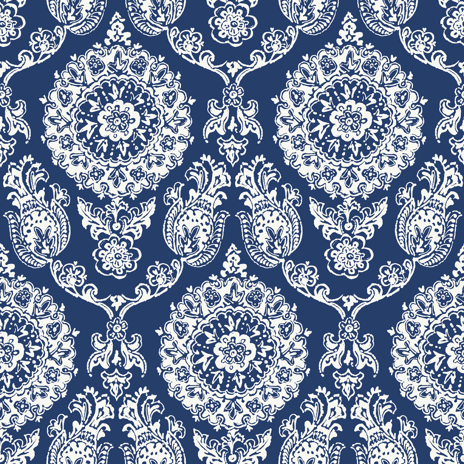 Helm Damask Navy Floral Medallion Wallpaper