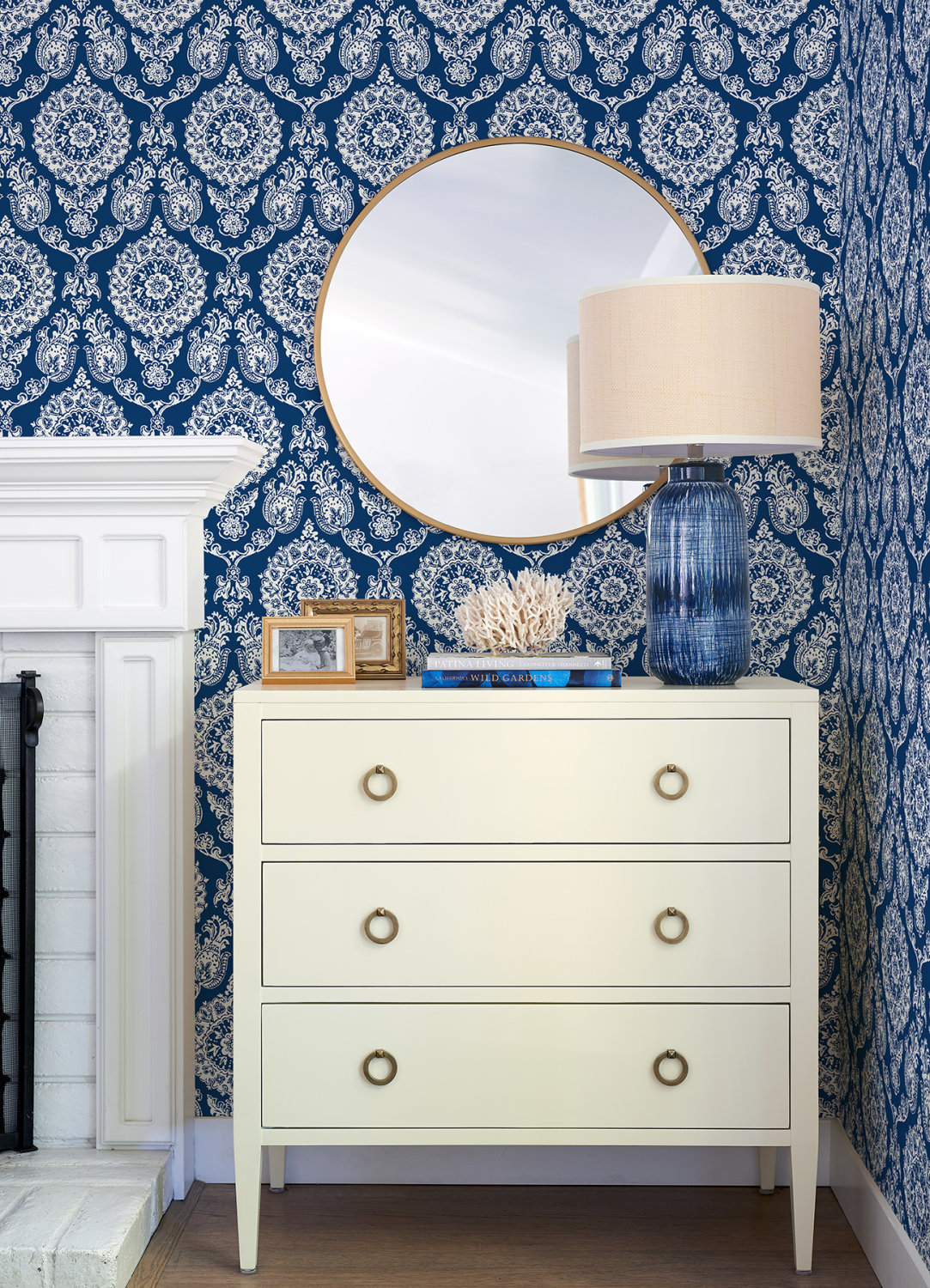 Helm Damask Navy Floral Medallion Wallpaper