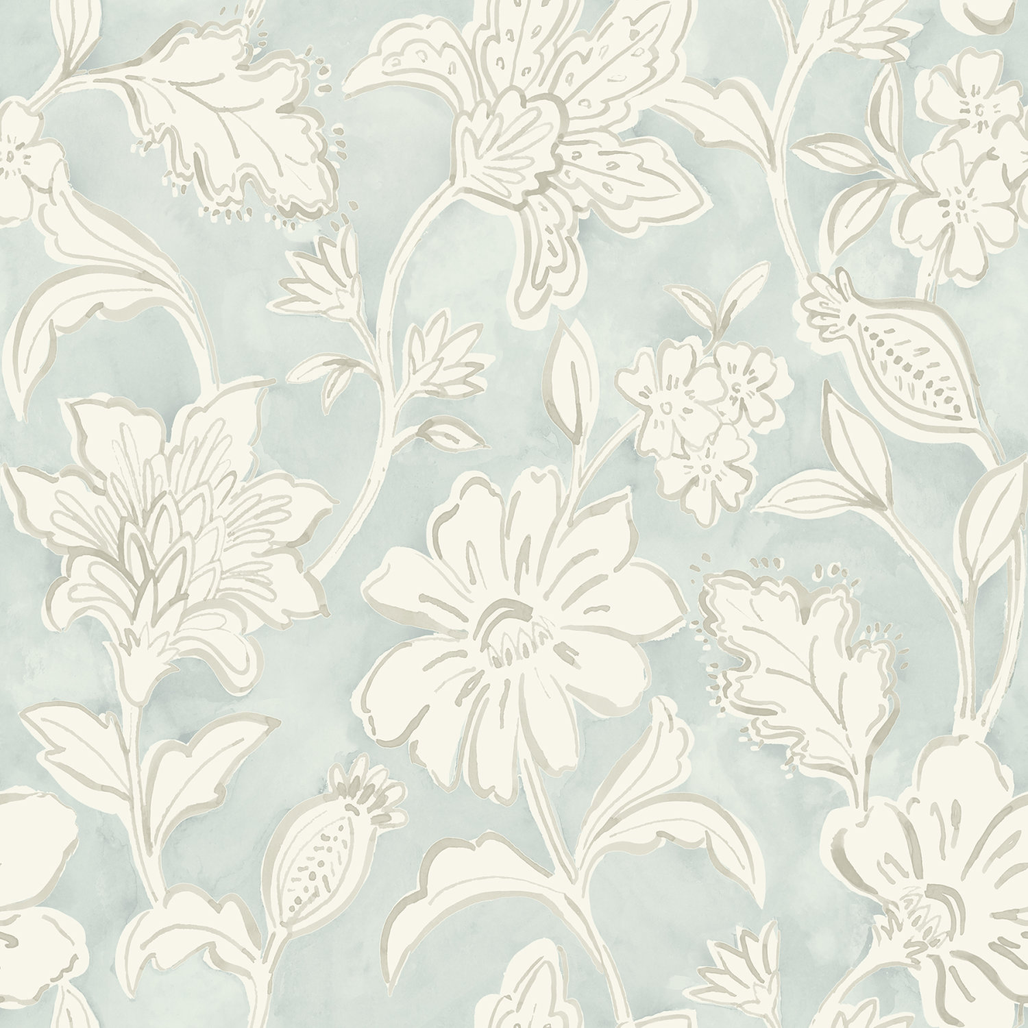 Plumeria Aqua Floral Trail Wallpaper