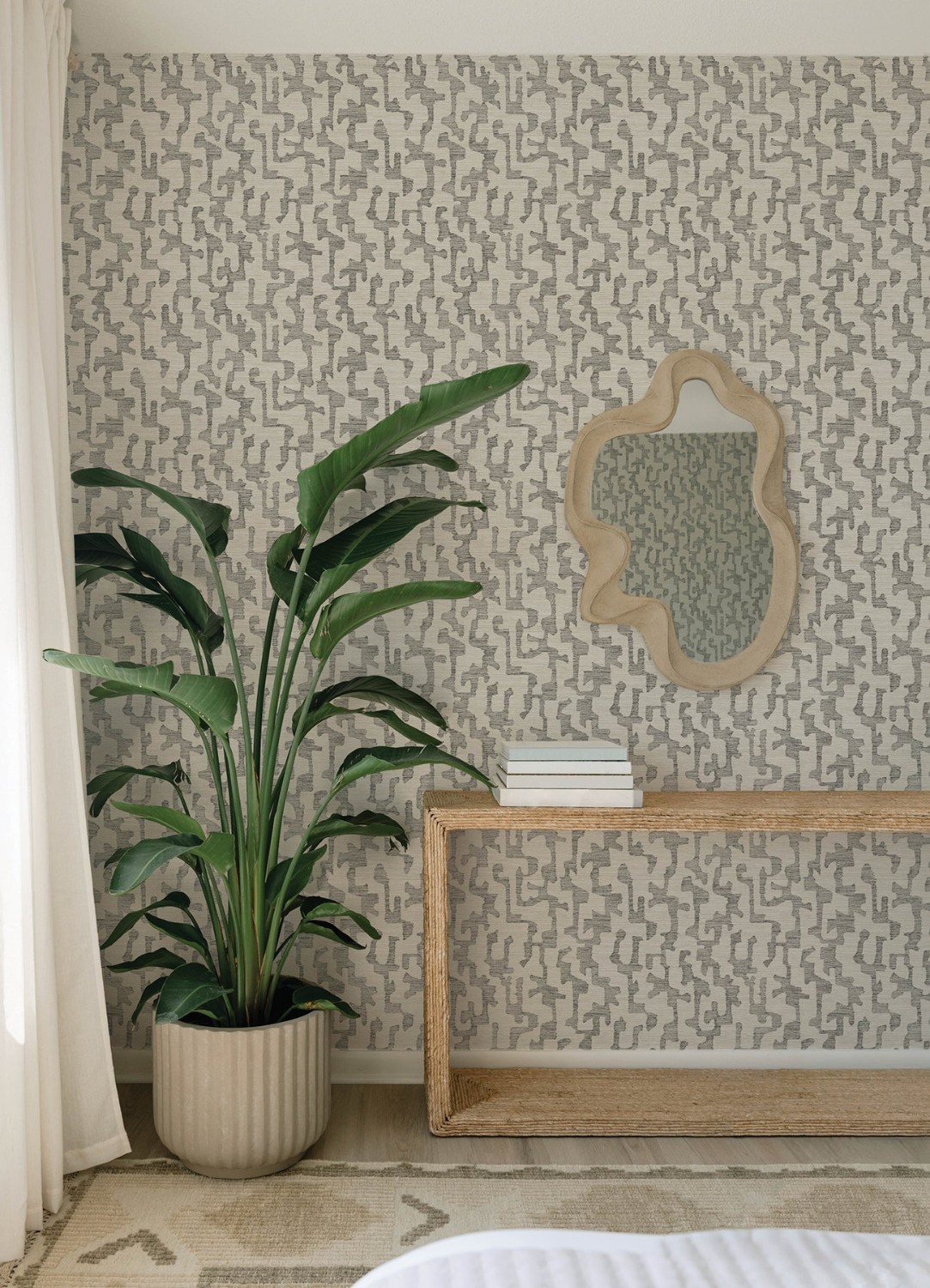 Cipher Black Geometric Faux Grasscloth Wallpaper