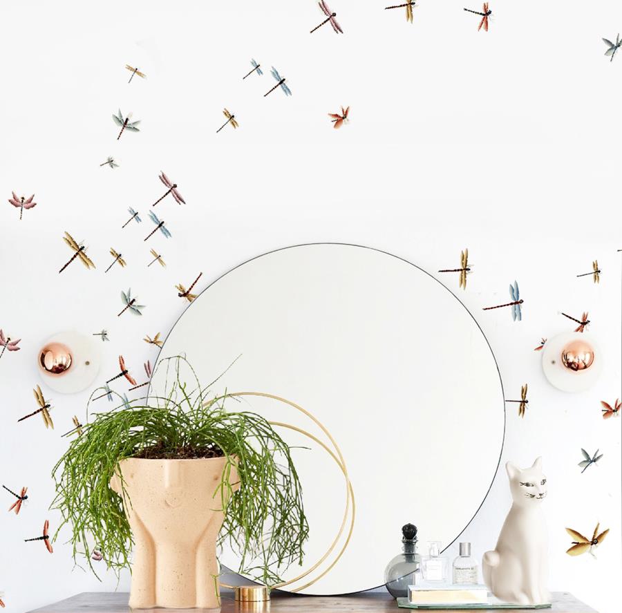 Misha Dragonflies on a pale wall behind a round mirror and a plant