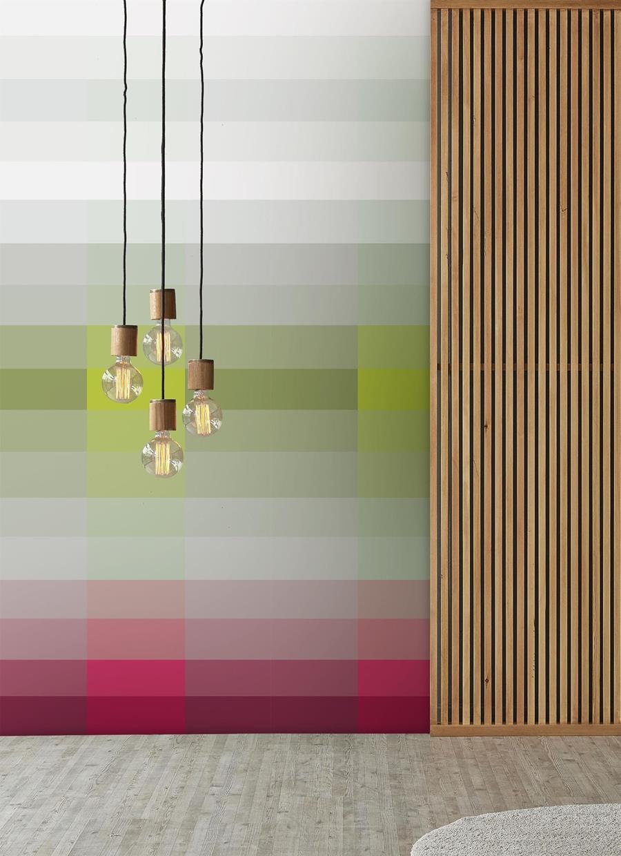 Pendant lights in front of a graded colour-stripe Newmor Chroma wallcovering and timber battens