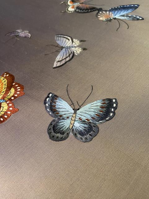 Misha Butterflies: embroidered butterflies on grey silk