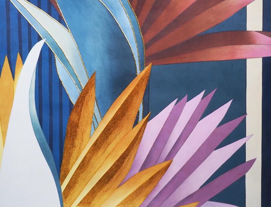 Hand-painted tropical leaves in blue, pink, orange and purple