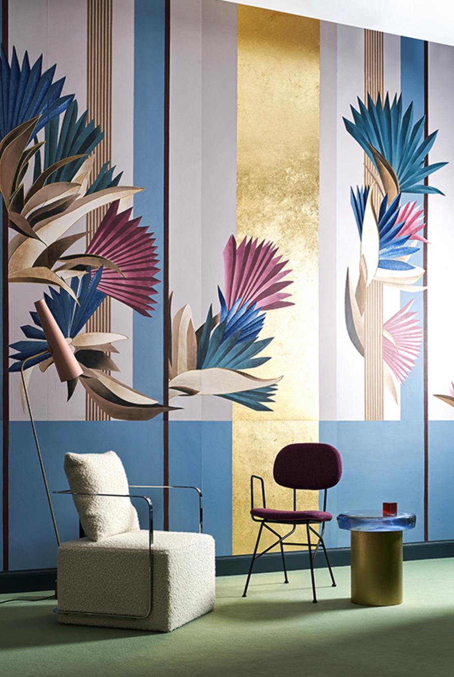 Misha Esotismi panels of large blue and pink leaves behind an armchair