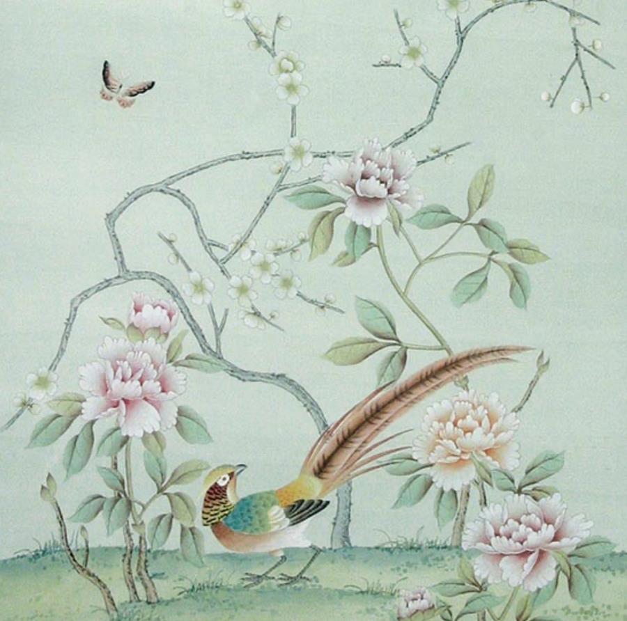 Chinese Garden with Pheasants: hand-painted pheasant and peonies on silk