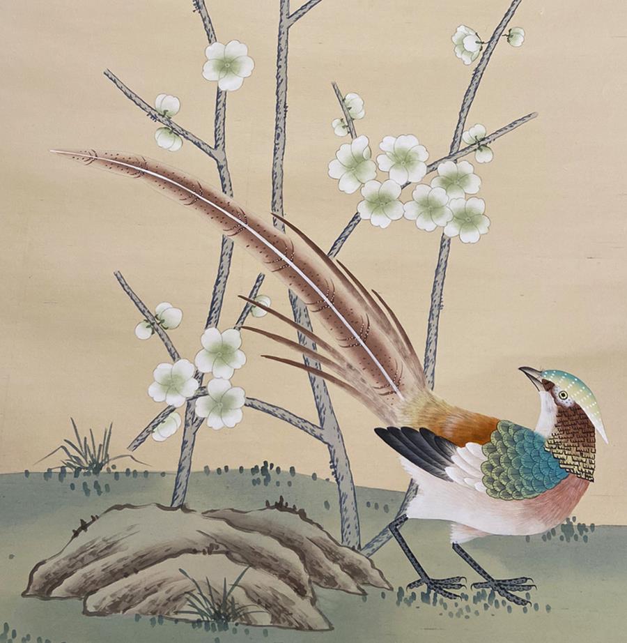 Misha Chinese Garden with Pheasants: a pheasant and blossom hand-painted on pale silk