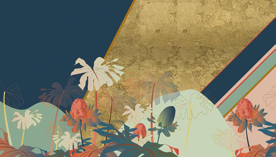 Misha Oasi panel: flowers and foliage painted over deep teal and gold