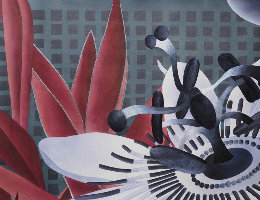 Red, black and white passionflowers painted on a grey dotted ground