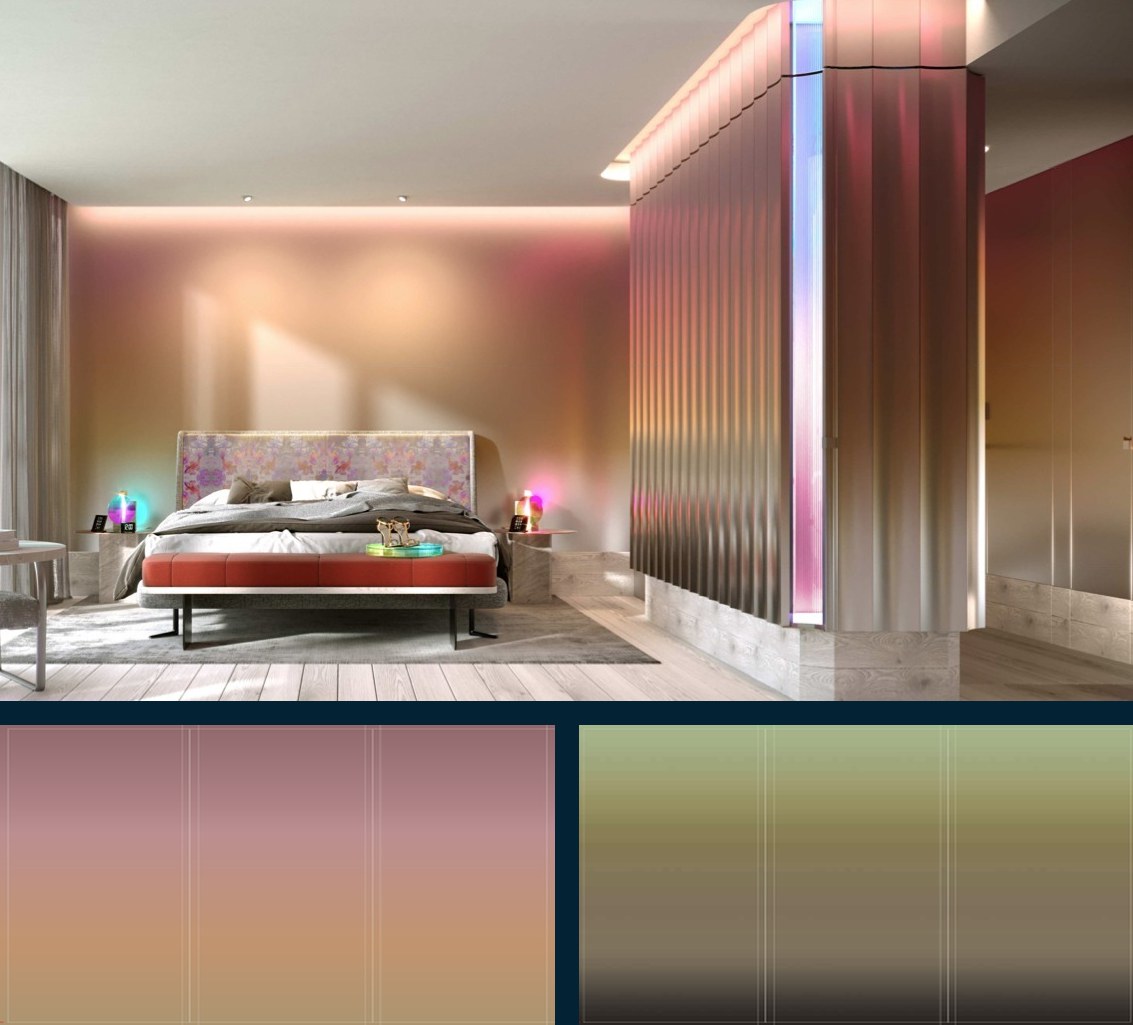A render of the mock-up room, its walls and scalloped cabinetry shaded in pink, above three panels of each scheme from the wall plan, sunrise in pink and sunset in green