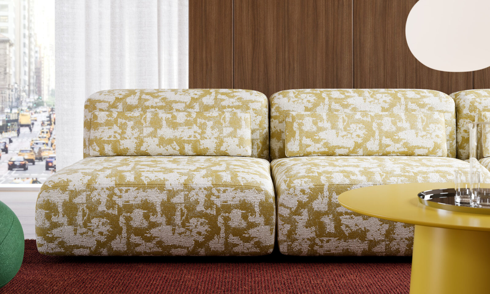 Designtex_Hero Modular sofa upholstered in a yellow and white Designtex fabric