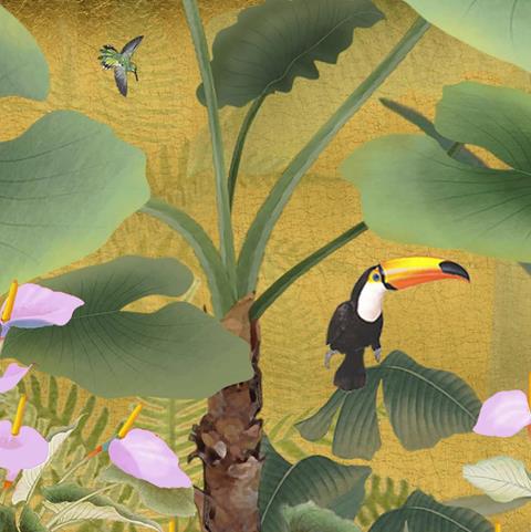 Misha Exotic Garden: a toucan among broad leaves on gold